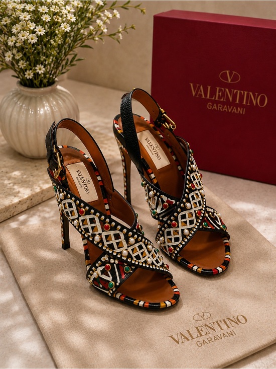 Valentino Shoes - Valentino Garavani Studded Tribal Heels Sandals Leather Slingback.